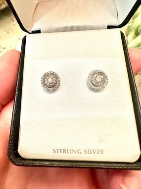 Sterling Silver circular ornate diamond earrings Belk